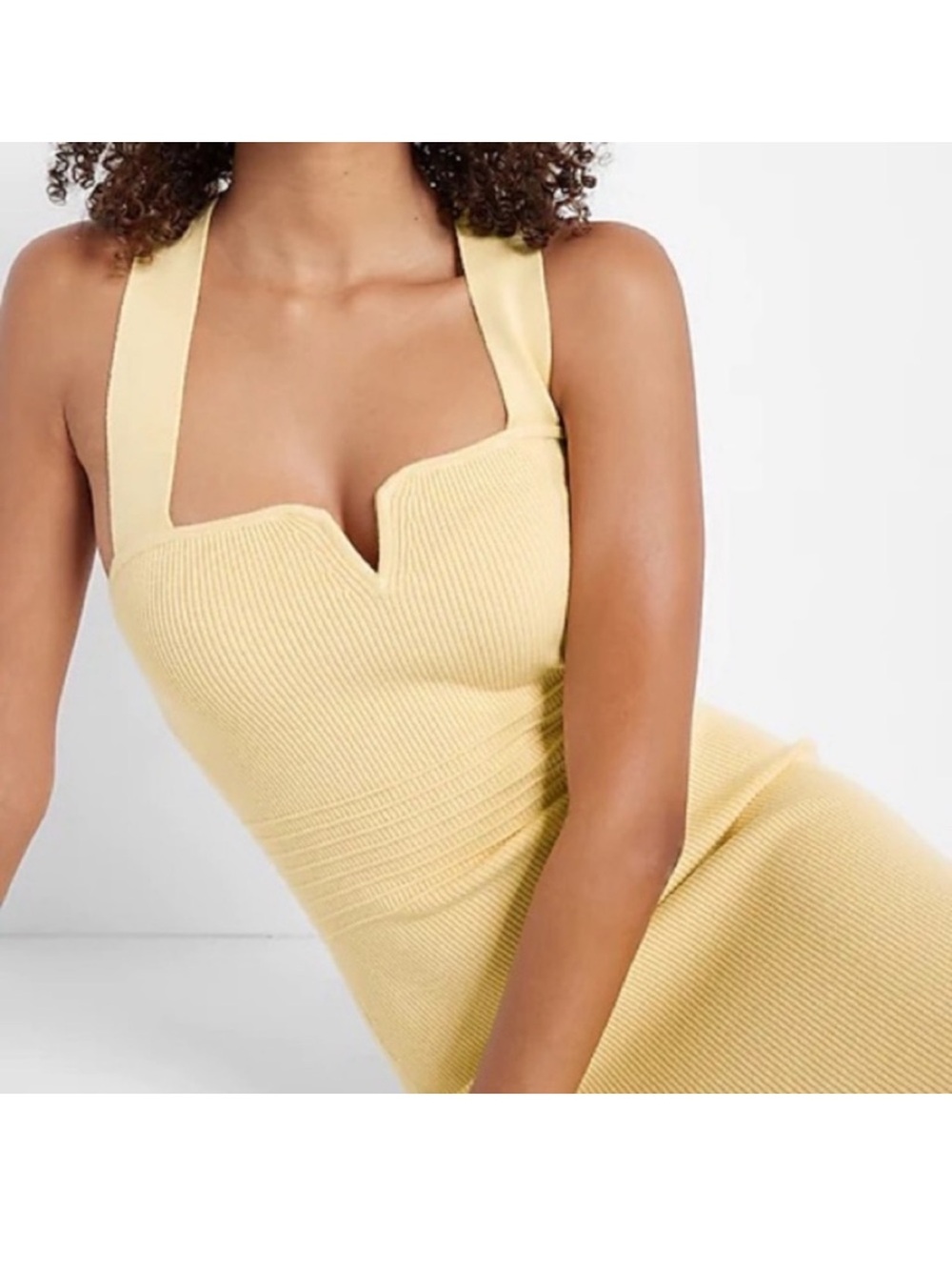 Express Ribbed Bodycon Midi Dress - Sweetheart V Neck - Small - Yellow